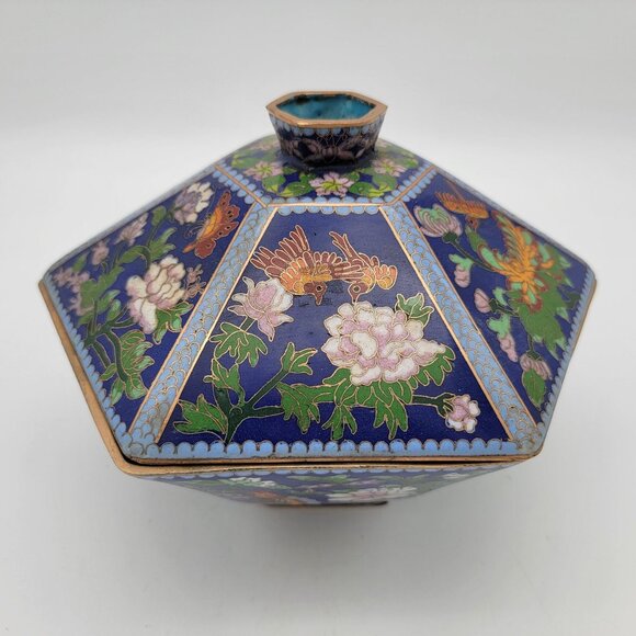 Antique Chinese Cloisonné Hexagonal Shaped Lidded Bowl - Picture 11 of 13
